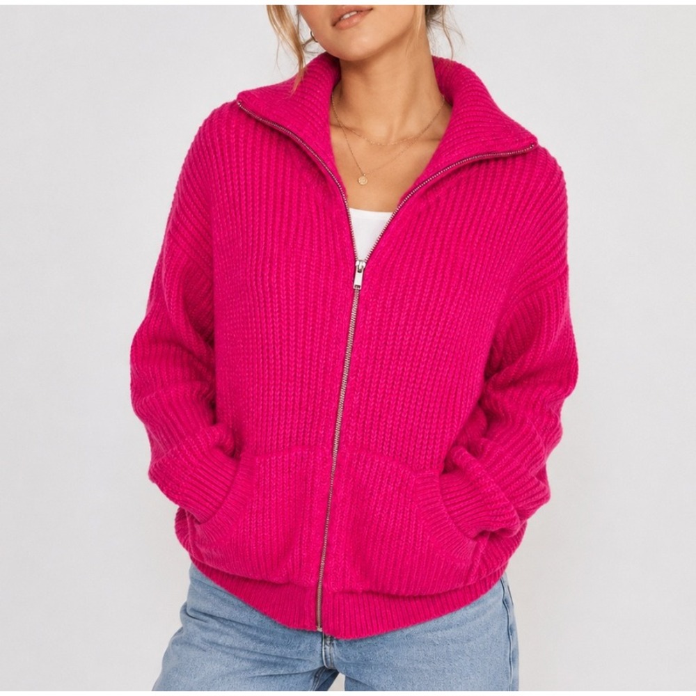 Old Navy Womens Full Zip Cardigan Sweater M Oversized Chunky Knit Neon Hot Pink